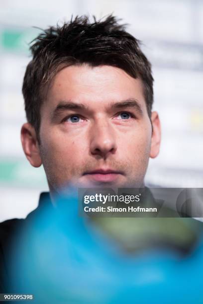 Christian Prokop, Head coach of the Germany Men's Handball National Team, attends a press conference during the Germany Handball Media Access at...