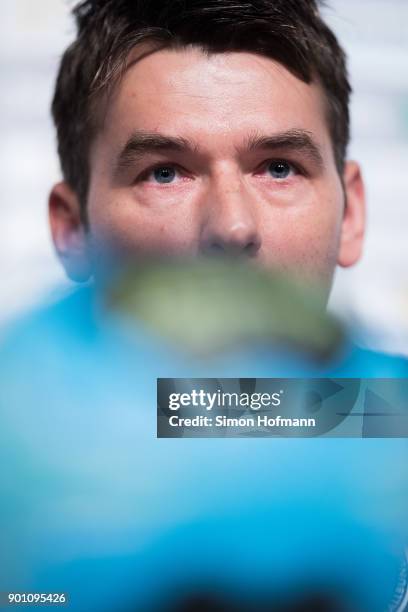 Christian Prokop, Head coach of the Germany Men's Handball National Team, attends a press conference during the Germany Handball Media Access at...