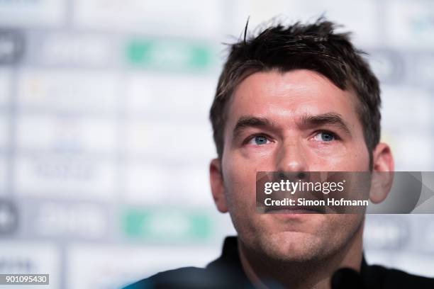 Christian Prokop, Head coach of the Germany Men's Handball National Team, attends a press conference during the Germany Handball Media Access at...