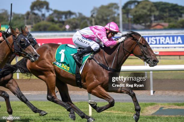 Mr Churchill ridden by Nikita Beriman wins the Batman Management Group Bellarine Cup at Geelong Racecourse on January 04, 2018 in Geelong, Australia.