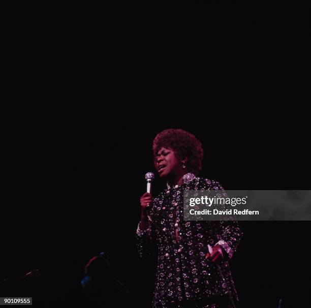 American jazz singer Sarah Vaughan performs live on stage at the Newport Jazz Festival in Newport, Rhode Island in July 1970.