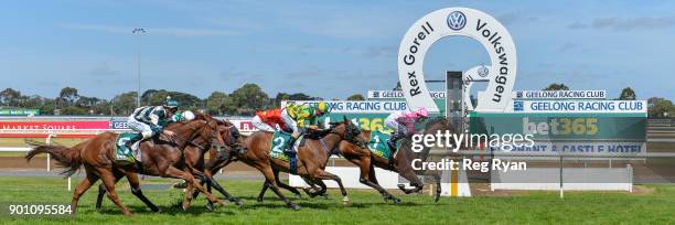 Mr Churchill ridden by Nikita Beriman wins the Batman Management Group Bellarine Cup at Geelong Racecourse on January 04, 2018 in Geelong, Australia.