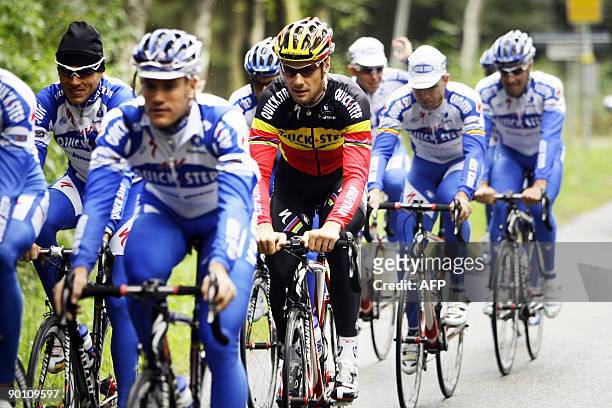 Quick Step team cyclists and Belgian champoin Tom Boonen are seen in action near Assen, The Netherlands, on August 27, 2009 in preparation for the...
