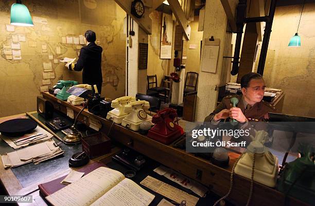 Wax work models are positioned in The Map Room in Cabinet War Rooms bunker, which has been preserved entirely unchanged since the second World War,...