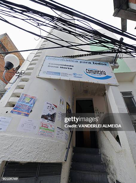 View of the entrance of the so-called Lan House where people can access free internet in Dona Marta shantytown, Rio de Janeiro, Brazil on August 25,...