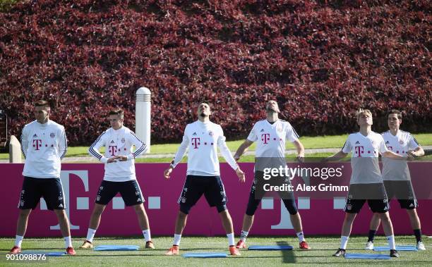 Niklas Suele, Marco Friedl, Sandro Wagner, Tom Starke, Felix Goetze and Sebastian Rudy attend a training session on day 3 of the FC Bayern Muenchen...