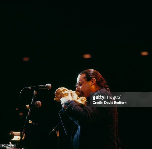 Jazz musician Steve Turre performs on stage in the 1990's.