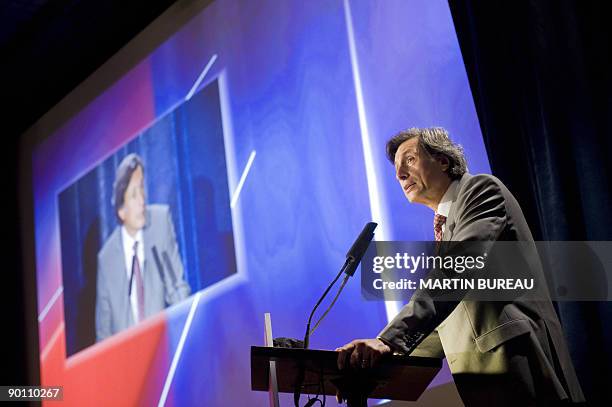 French president of the public media group France Television, Patrick De Carolis, delivers a speech during a press conference announcing the...