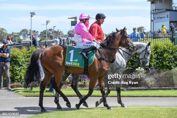 Nikita Beriman returns to the mounting yard on Mr Churchill after winning the Batman Management Group Bellarine Cup , at Geelong Racecourse on...