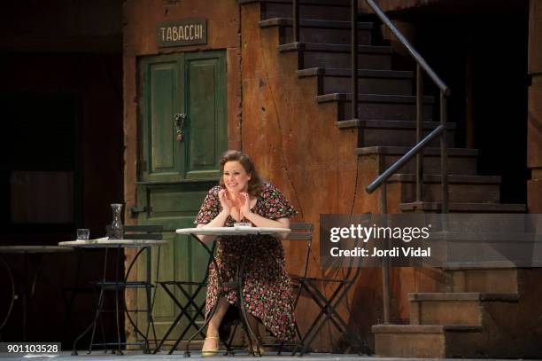 Soprano Jessica Pratt performs on stage L'Elisir d'Amore at Gran Teatre del Liceu on January 3, 2018 in Barcelona, Spain.