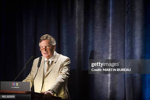 French general director of the public media group France Television, Patrice Duhamel, delivers a speech during a press conference announcing the...