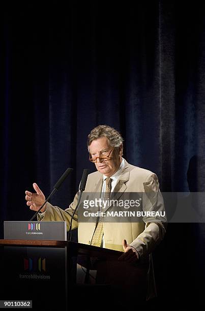 French general director of the public media group France Television, Patrice Duhamel, delivers a speech during a press conference announcing the...