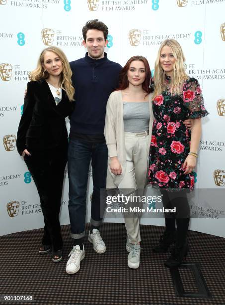 Juno Temple, Josh O'Connor, Florence Pugh and Edith Bowman during the EE Rising Star Nominations announcement held at BAFTA on January 4, 2018 in...