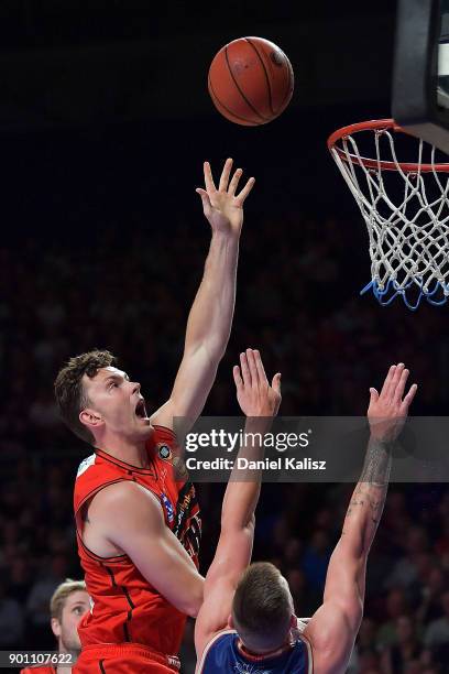 Angus Brandt of the Perth Wildcats shoots during the round 13 NBL match between the Adelaide 36ers and the Perth Wildcats at Titanium Security Arena...