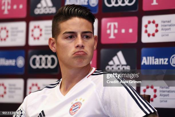 James Rodriguez attends a press conference on day 3 of the FC Bayern Muenchen training camp at Moevenpick Al Aziziyah Hotel on January 4, 2018 in...