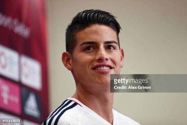 James Rodriguez attends a press conference on day 3 of the FC Bayern Muenchen training camp at Moevenpick Al Aziziyah Hotel on January 4, 2018 in...