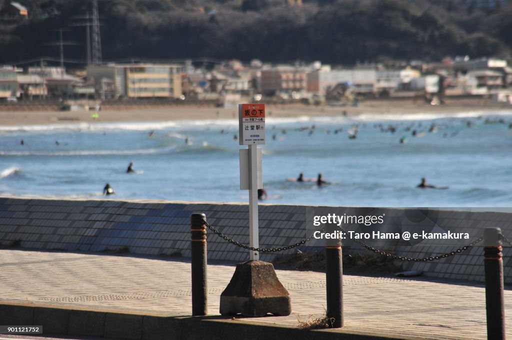 A bus stop by the sea in Kamakura city in Kanagawa prefecture in Japan
