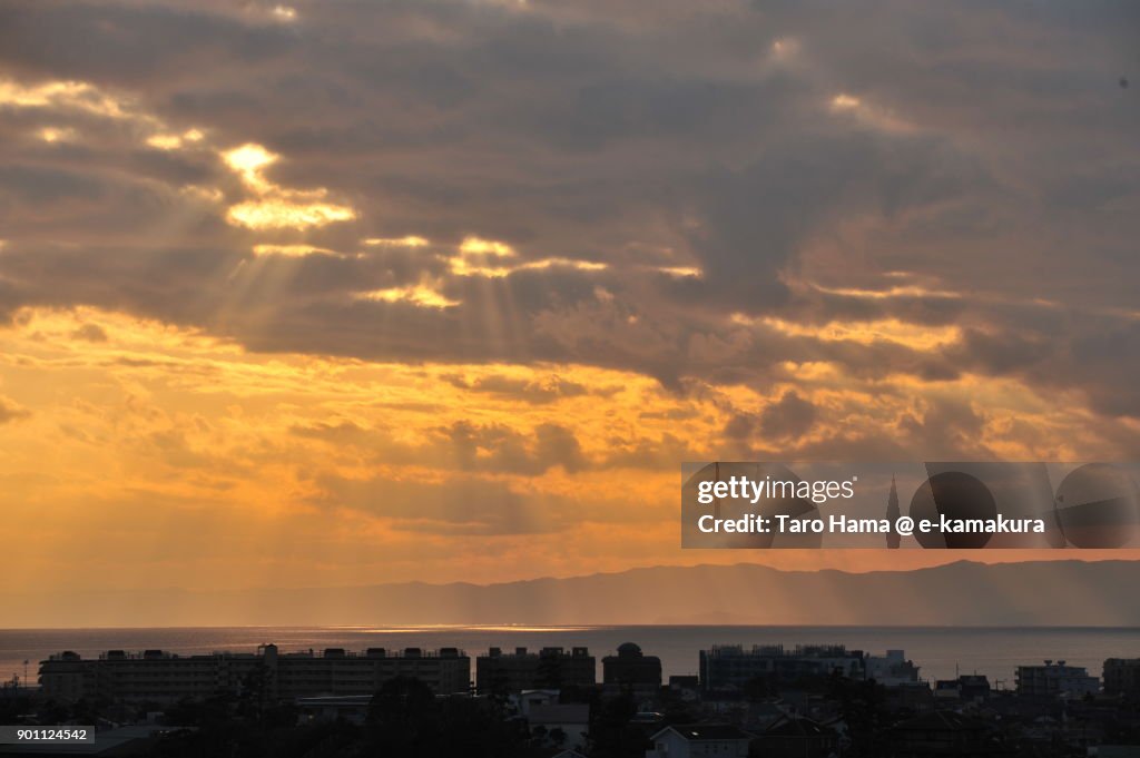 Sunset sunbeam on Sagami Bay in Kanagawa prefecture in Japan