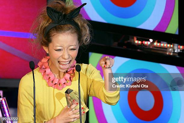 Singer Miliyah Kato reacts as she receives the Best 'Student Voice' Artist award during the MTV Student Voice Awards 2009 at Shibuya-AX on August 27,...