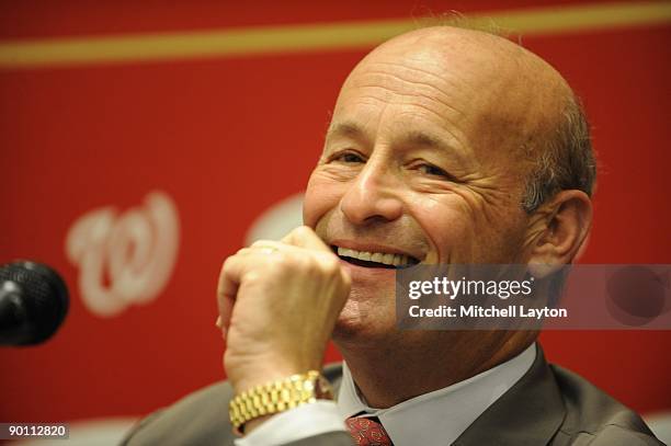 Stan Kasten, President of the Washington Nationals, looks on during Mike Rizzo's naming as general manager and Senior Vice President of Baseball...