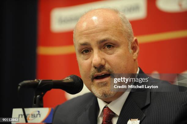 Mike Rizzo of the Washington Nationals is named general manager and Senior Vice President of Baseball Operations before a baseball game against the...