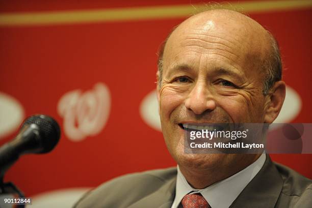 Stan Kasten, President of the Washington Nationals, looks on during Mike Rizzo's naming as general manager and Senior Vice President of Baseball...