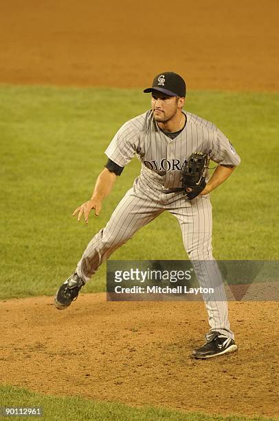 Hoston Street of the Colorado Rockies pitches during a baseball game against the Washington Nationals on August 20, 2009 at Nationals Park in...
