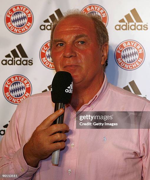 Bayern Muenchen manager Uli Hoeness speaks during a news conference following the group drawing of the upcoming Champions League season 2009/2010 at...