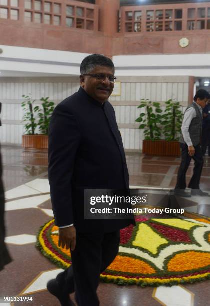 Union minister Ravi Shankar Prasad arrives to attend the BJP Parliamentary Party meeting during the on-going Winter Session of Parliament in New...