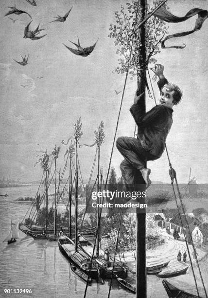 ilustrações, clipart, desenhos animados e ícones de jovem rapaz está a subir no mastro do barco a vela. ele tenta se segurar uma grinalda de maio-1896 - 1896