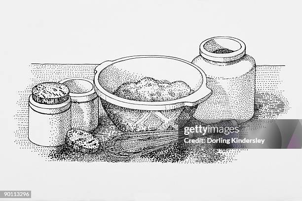 black and white illustration of mixing bowl, wire whisk, and airtight jars - wire whisk点のイラスト素材／クリップアート素材／マンガ素材／アイコン素材