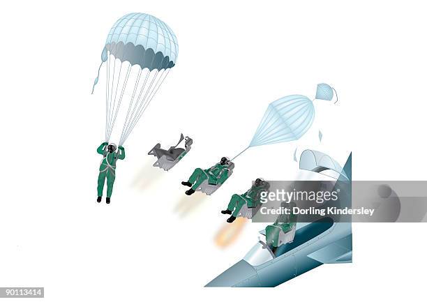 digital image sequence of pilot sitting in ejection seat, explosive charge forcing seat from aircraft, pilot floating in sky suspended from parachute - parachute studio stock-grafiken, -clipart, -cartoons und -symbole