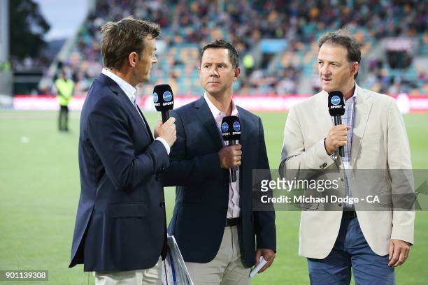 Adam Gilchrist Ricky Ponting and Mark Waugh speak to camera during the Big Bash League match between the Hobart Hurricanes and the Adelaide Strikers...