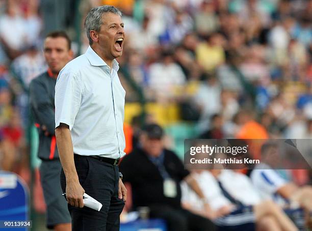 Head coach Lucien Favre of Berlin reacts during the UEFA Europa League qualification match between Hertha BSC Berlin and Brondby IF at the Friedrich...