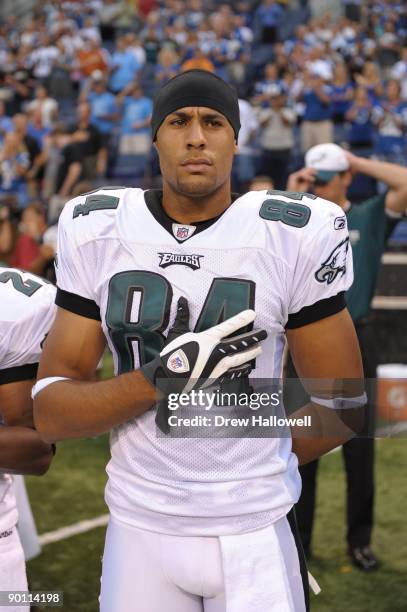 Wide receiver Hank Baskett of the Philadelphia Eagles stands on the sideline during the game against the Indianapolis Colts on August 20, 2009 at...