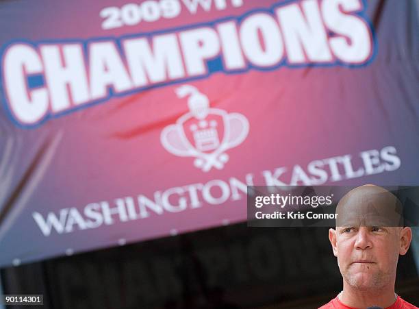 Washington Kastle's tennis coach Murphy Jensen speaks at a press conference outside the John A. Wilson Building after receiving a key to the city and...