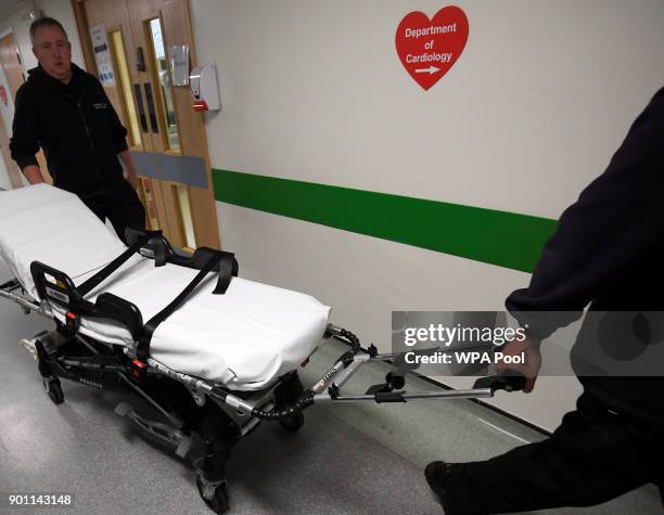 Gurney is pushed down a corridor at Frimley Park Hospital on January 4, 2018 in Frimley, England.