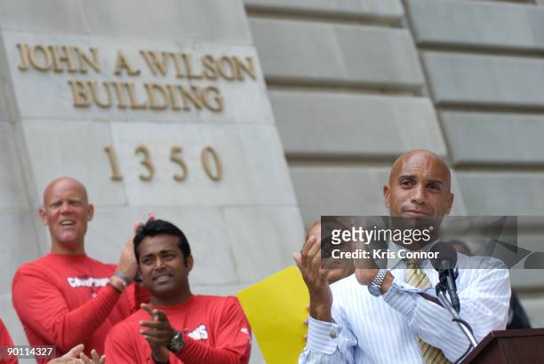 Adrian M. Fenty speaks during a press conference outside the John A. Wilson building as he presents the Washington Kastles tennis team a key to the...