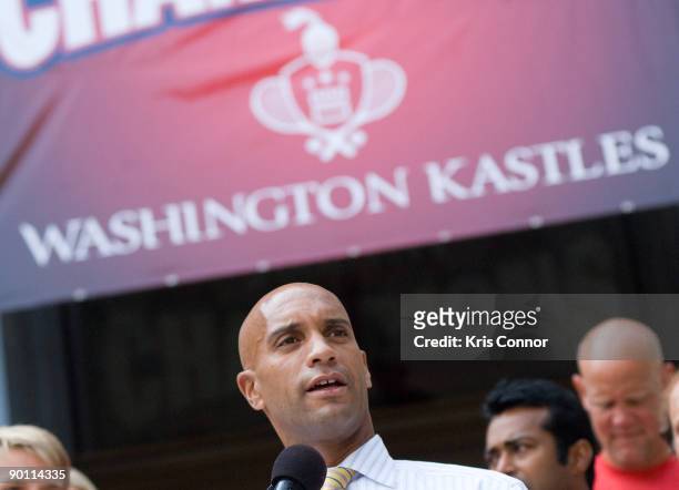 Washington DC Mayor Adrian M. Fenty speaks during a press conference outside the John A. Wilson Building as he presents the Washington Kastles tennis...