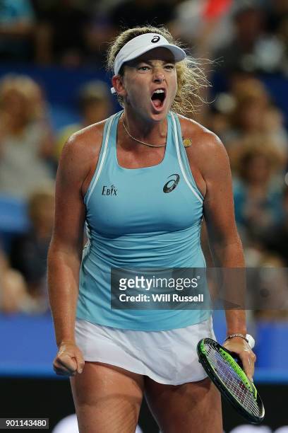 Coco Vandeweghe of the United States celebrates a point in the womens singles match against Belinda Bencic of Switzerland on day six of the 2018...