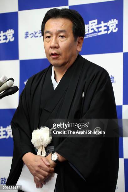 Constitutional Democratic Party of Japan Leader Edano speaks during a press conference at the Diet building on January 4, 2018 in Tokyo, Japan.