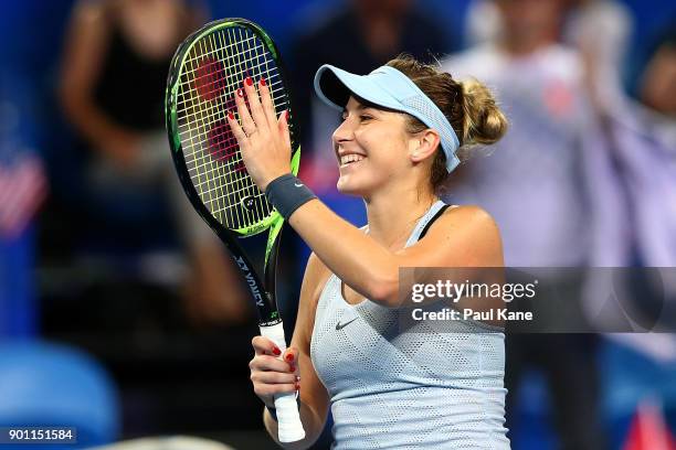 Belinda Bencic of Switzerland celebrates winning her singles match against CoCo Vandeweghe of the United States on day six of the 2018 Hopman Cup at...