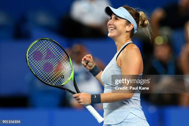 Belinda Bencic of Switzerland celebrates winning her singles match against CoCo Vandeweghe of the United States on day six of the 2018 Hopman Cup at...