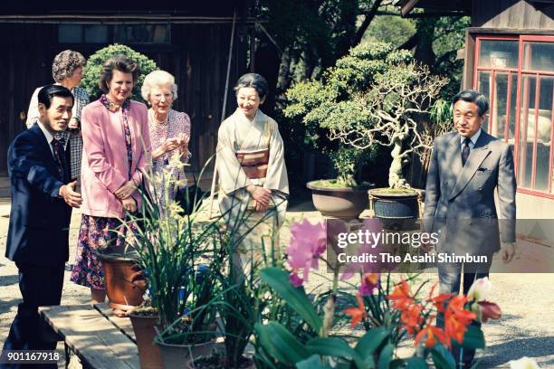 Queen Ingrid of Denmark and Princess Anne-Marie of Denmark talk with Emperor Akihito and Empress Michiko at the Imperial Palace on April 19, 1991 in...