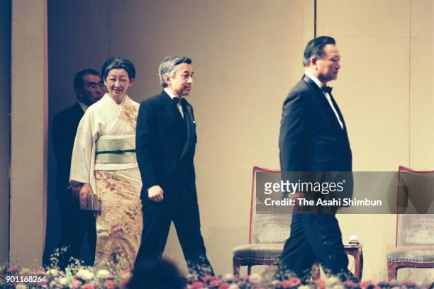 Emperor Akihito and Empress Michiko attend the Japan Prize Award Ceremony at the National Theatre to on April 25, 1991 in Tokyo, Japan.