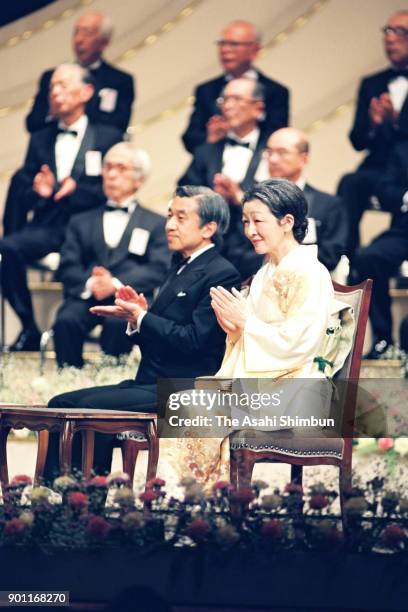 Emperor Akihito and Empress Michiko attend the Japan Prize Award Ceremony at the National Theatre to on April 25, 1991 in Tokyo, Japan.