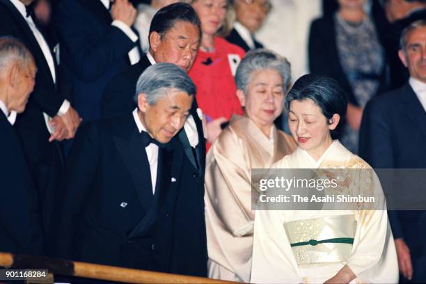 Emperor Akihito and Empress Michiko attend the Japan Prize Award Ceremony Concert at the National Theatre to on April 25, 1991 in Tokyo, Japan.