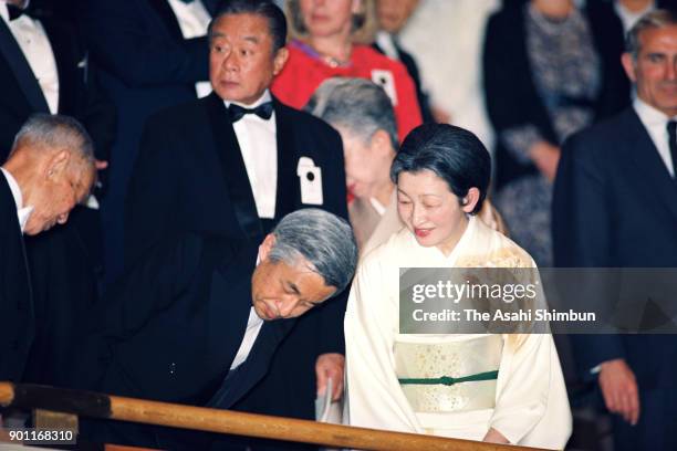 Emperor Akihito and Empress Michiko attend the Japan Prize Award Ceremony Concert at the National Theatre to on April 25, 1991 in Tokyo, Japan.