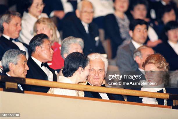 Emperor Akihito and Empress Michiko attend the Japan Prize Award Ceremony Concert at the National Theatre to on April 25, 1991 in Tokyo, Japan.