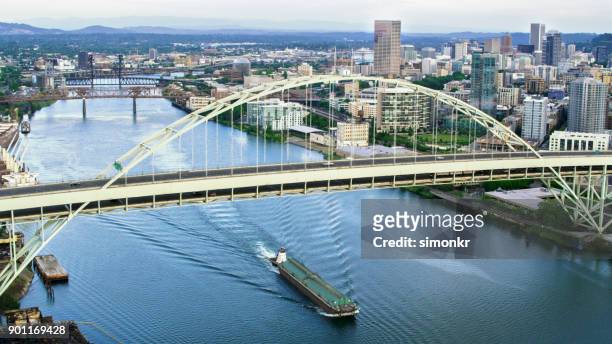 aerial portland downtown from fremont bridge - portland oregon downtown stock pictures, royalty-free photos & images